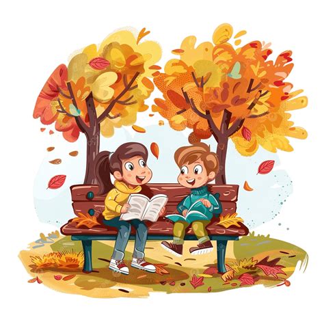 autum cartoon  happy kids reading  book   park art
