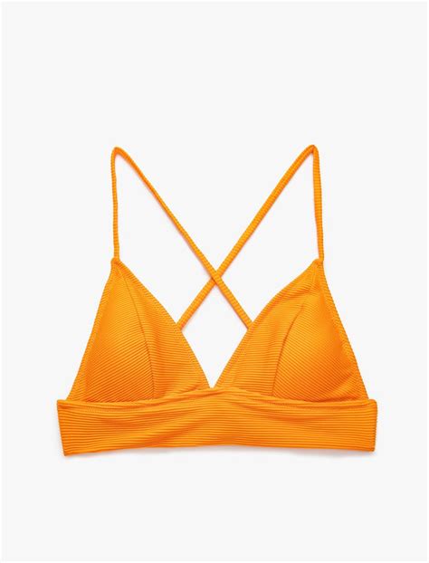 Turuncu Kadın Üçgen Bikini Üstü Dokulu Kaplı Bağlama Detaylı