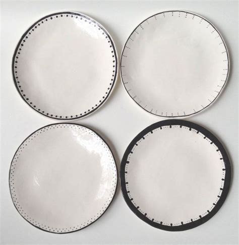 Set Of 4 Dinner Plates Black And White Ceramic Wabi Sabi Mix Match