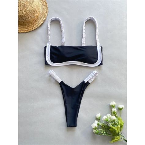 Jual PREORDER New Black White Splicing Bikini Set Women Sexy Bandeau