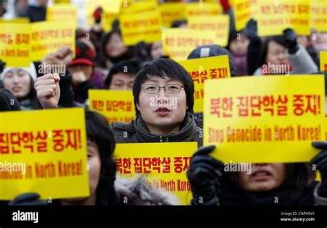 A Group Of South Korean Activists And North Korean Defectors Shout