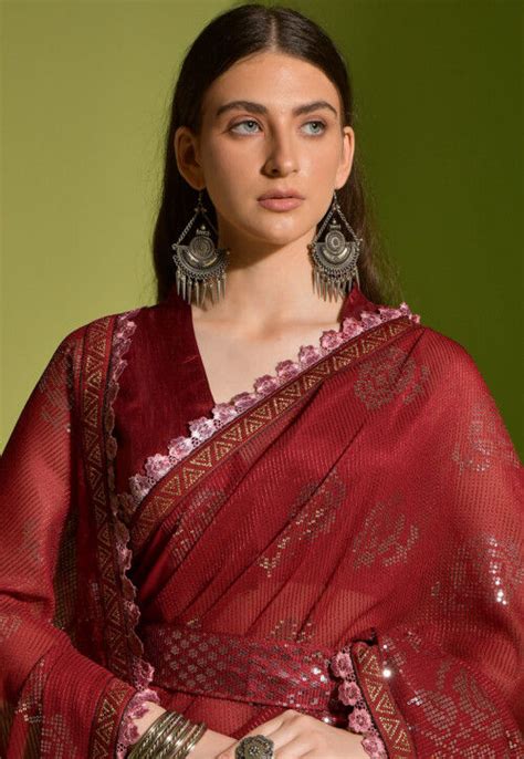 Buy Sequinned Georgette Saree In Maroon Online SPF8898 Utsav Fashion