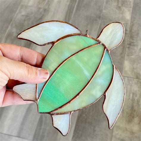 Stained Glass Sea Turtle Suncathcer In Sea Green And Amber Etsy Stained Glass Art Stained