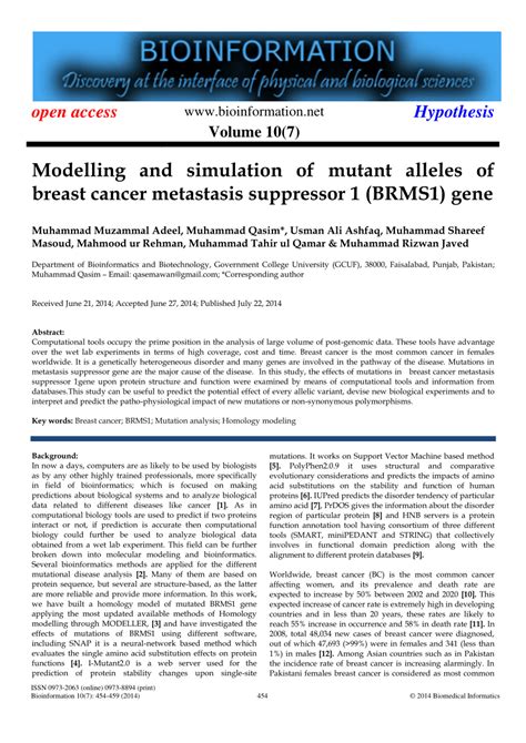 Pdf Modelling And Simulation Of Mutant Alleles Of Breast Cancer