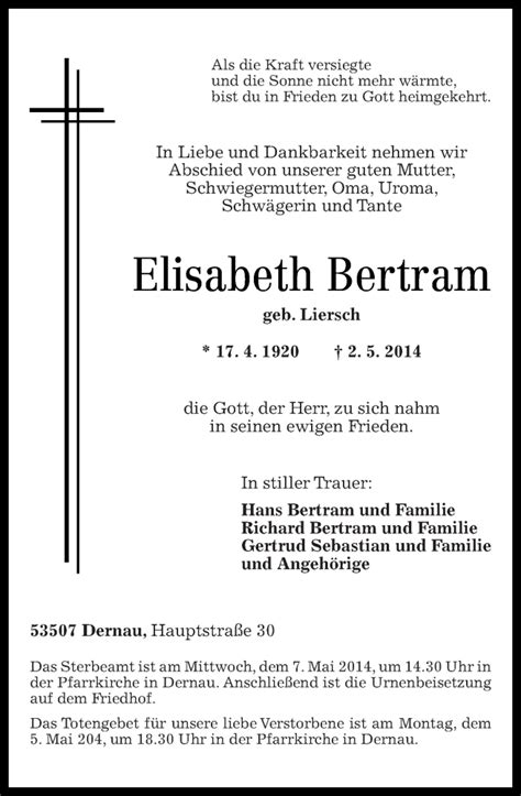 Traueranzeigen Von Elisabeth Bertram Rz Trauer De