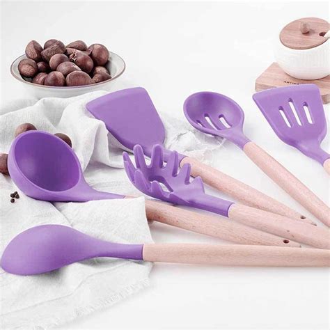 Jogo de Cozinha 12 Peças Madeira Silicone Concha Escumadeira Colher