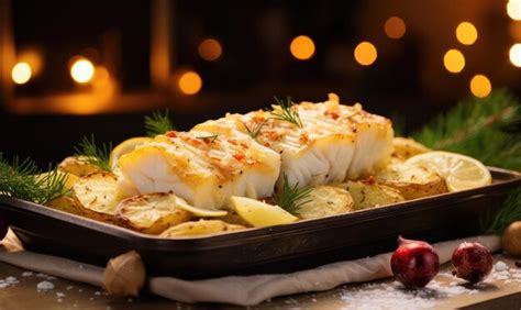 Premium Photo Delicious Christmas Cod Baked In Super Detail On A Tray On The Table Decorated