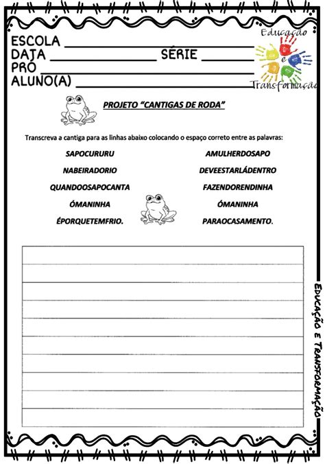 Blog Educação e Transformação: 👍Cantiga e atividades: Sapo Cururu