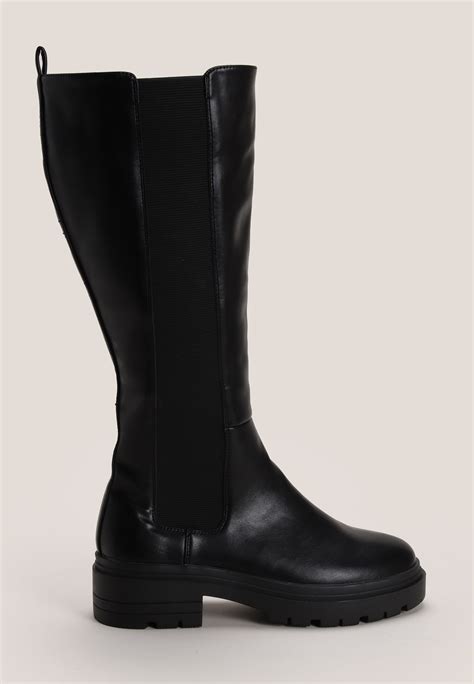 Womens Black Chunky Knee High Boot Peacocks