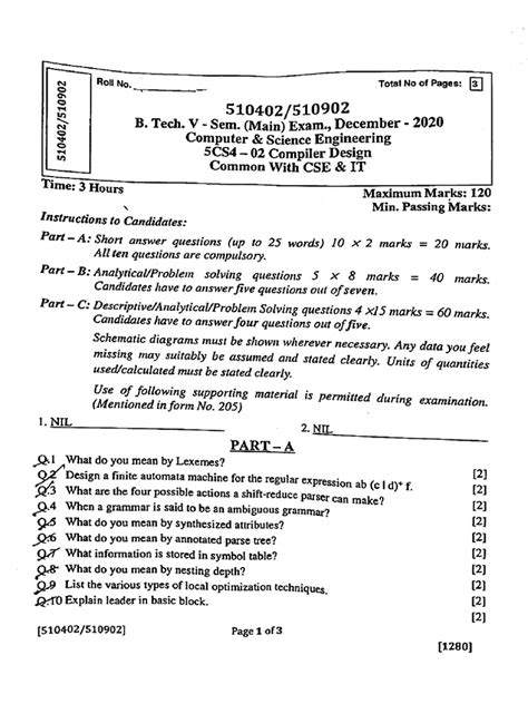 Btech Cs It 5 Sem Compiler Design 510402 Dec 2020 Pdf