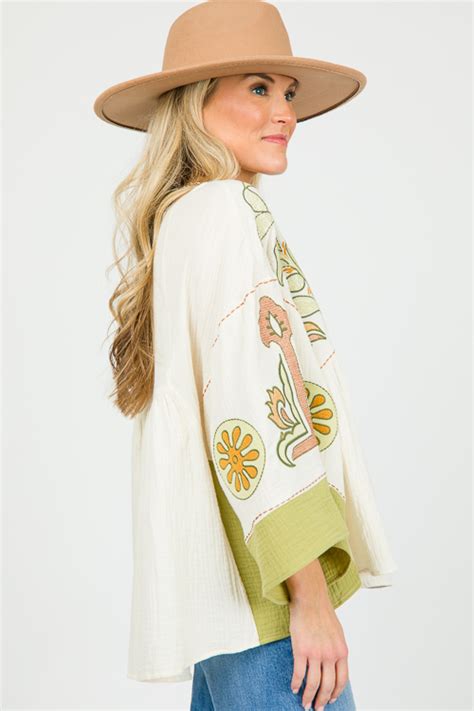 Embroidery Gauze Top Natural Sage New Arrivals The Blue Door Boutique