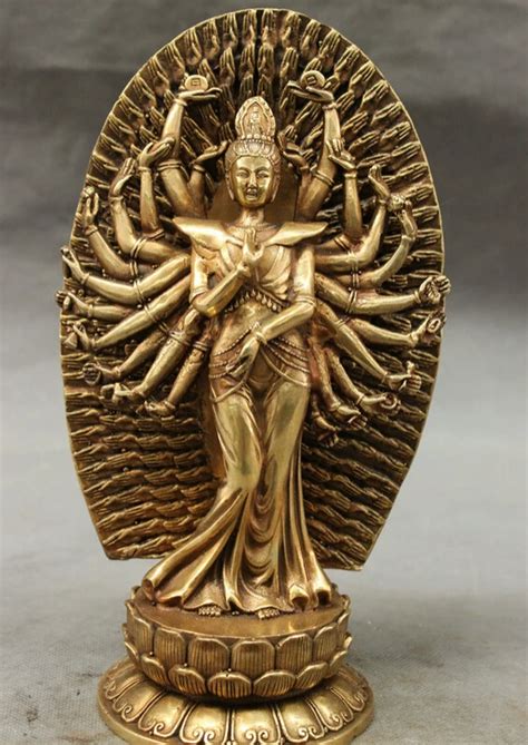 S Tibet Brass Buddhism Lotus Kwan Yin Arms Avalokiteshvara