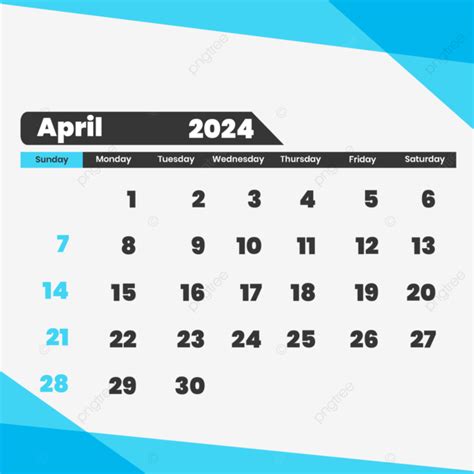 April 2024 Monthly Calendar With Transparent Background Vector April