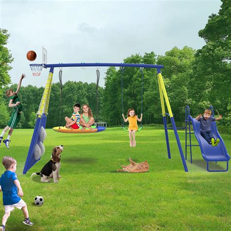 SUMIJ 5 in 1 Metal Kids Swing Sets with Heavy Duty Outdoor A-Frame