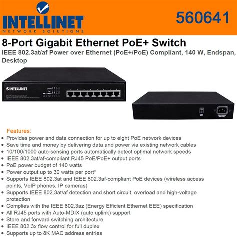 Intellinet 560641 8 Port Gigabit Ethernet Poe Network Switch Poe Budget 140w Cat5e Or Cat6