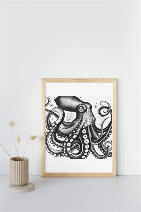 Black Ink Octopus Drawing, 300DPI, Poster Print Digital Download - Etsy