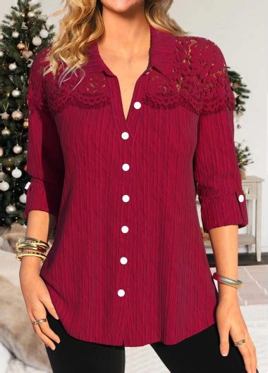 Wine Red Patchwork Long Sleeve Turn Down Collar Blouse Modlily