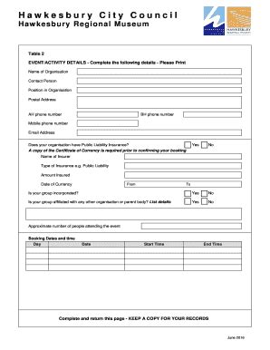 Fillable Online Hawkesbury Nsw Gov Museum Hire Application Fillable