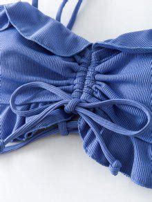 OFF ZAFUL Ribbed Cinched Ruffled Lace Up Bikini Top In BLUE