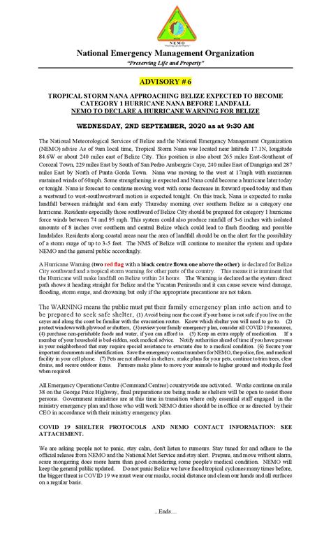 Advisory #6 – NEMO to Declare a Hurricane Warning for Belize