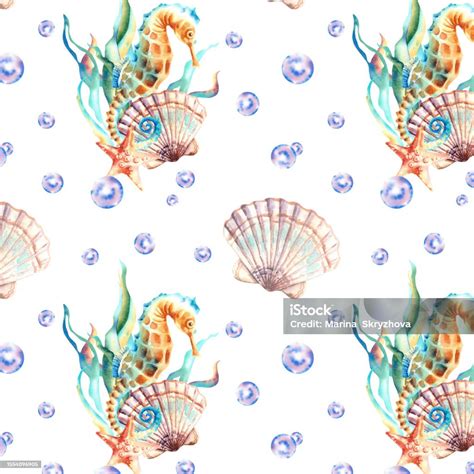 해양 동물의 원활한 패턴입니다 조개 해마 해초 불가사리 수채화 그림입니다 배경 콜라주 0명에 대한 스톡 벡터 아트 및 기타