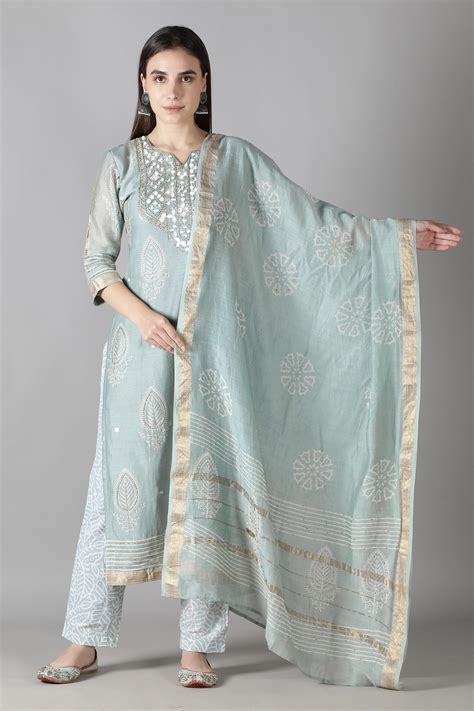 Buy Grey Silk Embroidered Mirror Notched Resham And Work Kurta Pant Set