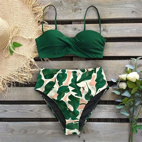 2020 Sexy Leaf Print Bikini Female Swimsuit Women Swimwear Thong Push Up Bikinis Set High Waist