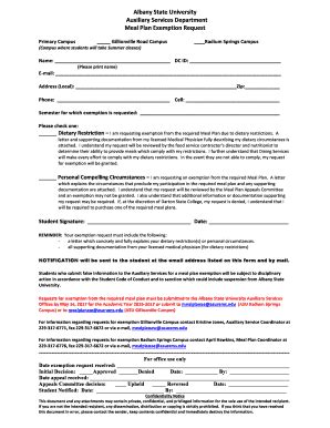 Fillable Online Meal Plan Exemption Request Form Doc Fax Email