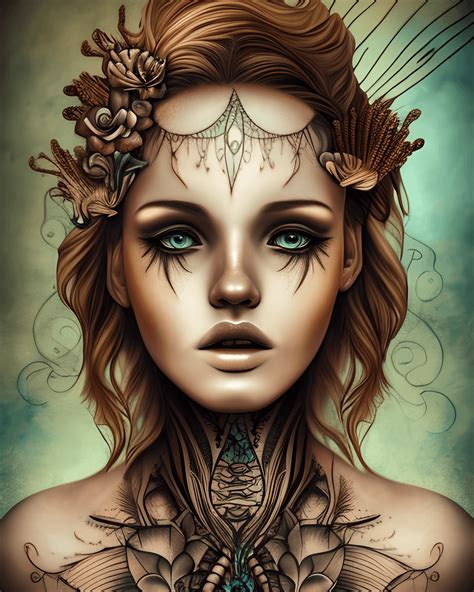 Tattooed Natural Boho Mermaid Beauty Biomechanical Art Fantasy Portrait