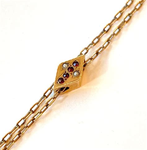 Antique Victorian Slide Chain Necklace Pearl And Red Stone Cross Etsy