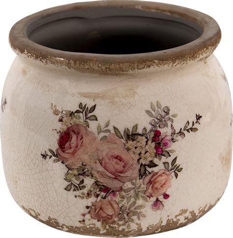 Clayre Eef Bloempot Ø 10x9 cm Roze Beige Keramiek Rond Bloemen