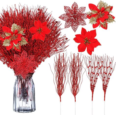 LONGRV 45 Pcs Christmas Glitter Poinsettia Flowers 5 3 Artificial