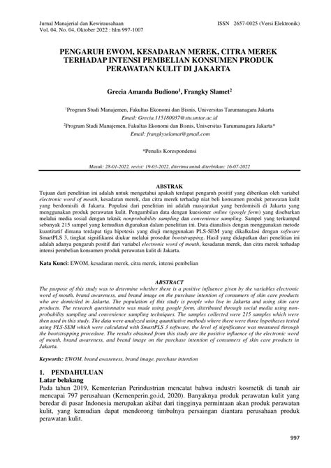 Pdf Pengaruh Ewom Kesadaran Merek Citra Merek Terhadap Intensi