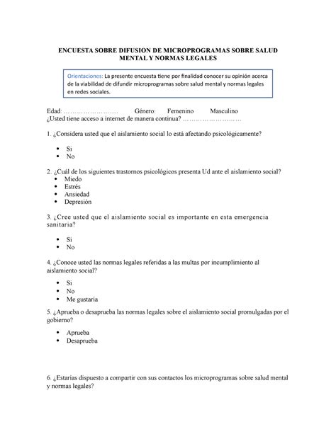 Encuesta Sobre Difusion De Microprogramas Sobre Salud Mental Y Normas