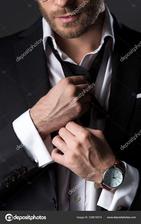 Cropped View Man Suit Adjusting Tie Isolated Grey Stock Photo By