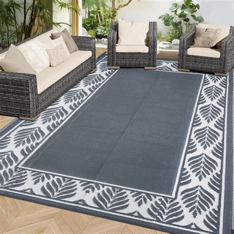 HUGEAR Reversible Plastic Straw Rug Gray 6 X9 Waterproof Patio