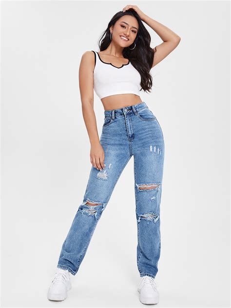 Jeans A Gamba Dritta Vita Alta Con Strappati Shein Italia