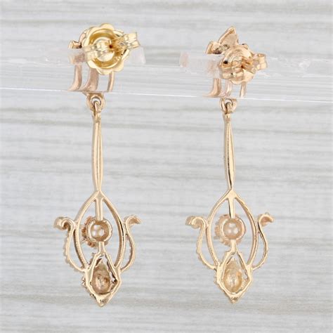 Vintage Cultured Pearl Dangle Earrings 14k Yellow Gold Pierced Drops Jewelryauthority