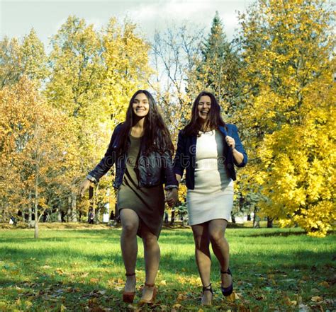 Mature Real Mother Daughter Outside Autumn Fall Park Stock Photos