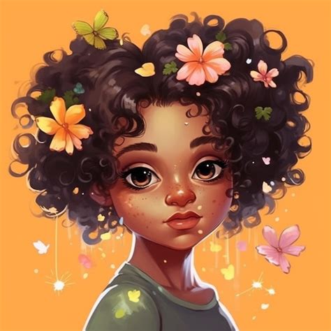 Premium AI Image | A drawing of a girl with curly hair and flowers in ...