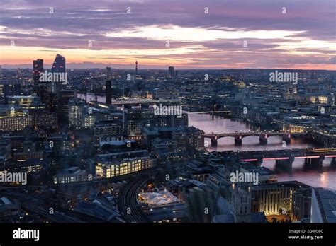 London skyline at dusk,- london cityscape looking west over the river ...