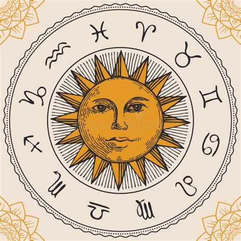 Círculo Sinais Zodiológicos Sol Puxado Pela Mão Ilustração do