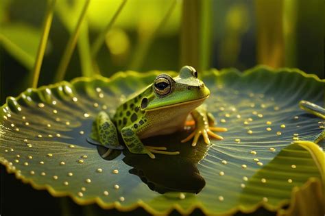 Premium Ai Image Green Frog On Lotus Leaf