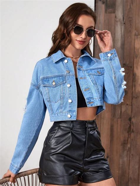 SHEIN Cazadora mezclilla crop desgarro de hombros caídos Moda de