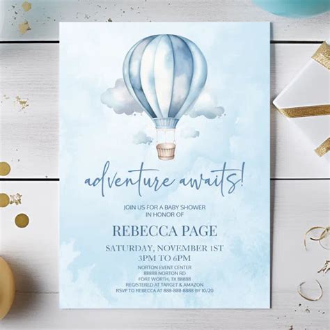 Adventure Awaits Blue Hot Air Balloon Baby Shower Invitation Zazzle