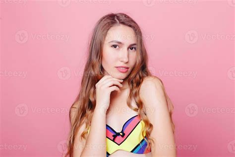 Adorable Brunette In Bikini Posing On Pink Background 35220997 Stock Photo At Vecteezy