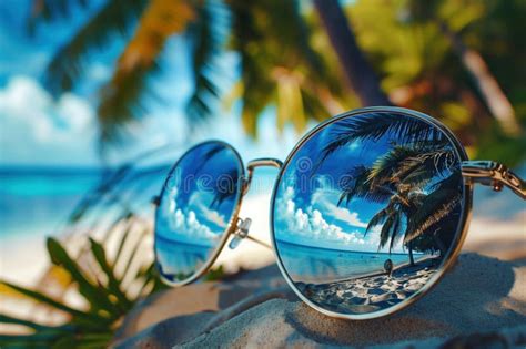 Tropical Beach With Palm Trees Reflection In Sunglasses Ai Photo Stock Illustration