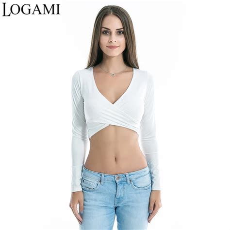 Aliexpress.com : Buy LOGAMI Long Sleeve V Neck Crop Top T Shirts for ...