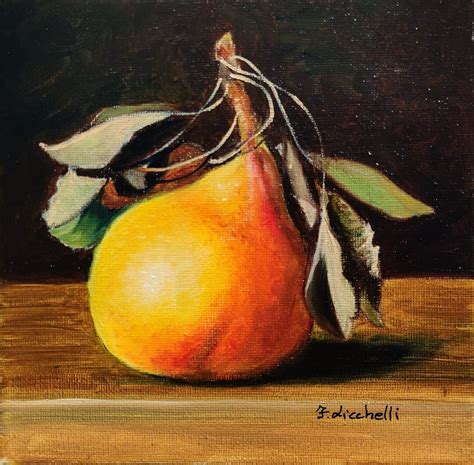 Pear Painting Still Life Original Single Yellow Pear With Leaves ...