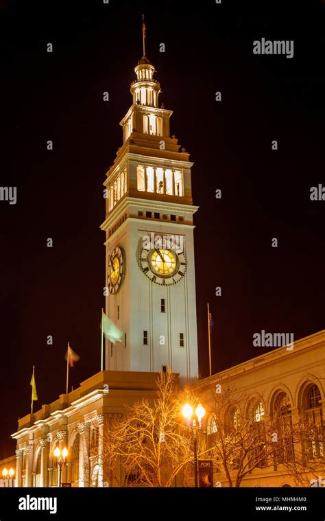 Ferry Building - A night view of the clock tower of the San Francisco Ferry Building. CA, USA ...